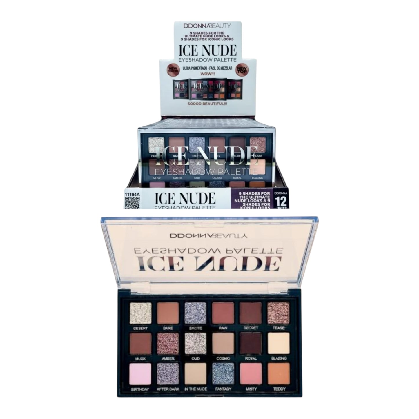 PALETTE FARDS À PAUPIÈRES ICE NUDE – 18 TEINTES NUDES & PAILLETÉES-